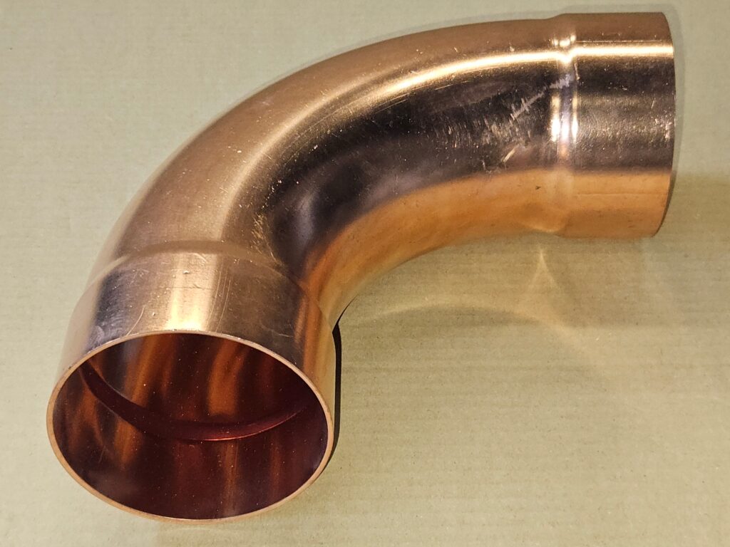 Łuk miedziany 89,0mm, 90 stopni, Cu, LW x LW, długi