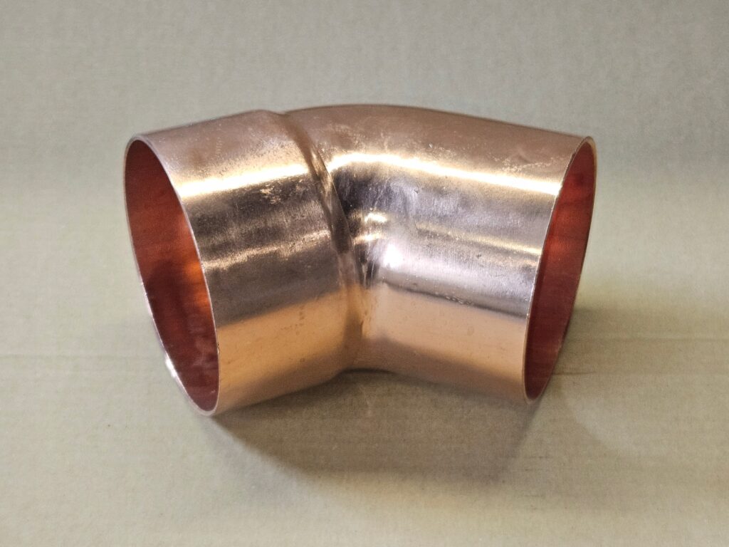 Łuk miedziany nyplowy 108,0mm, 45 stopni, Cu, LZ x LW